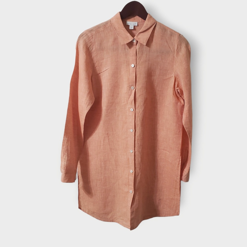 J.Jill Love Linen Split Hem Button Up Tunic Shirt Orange Peach Sz Small